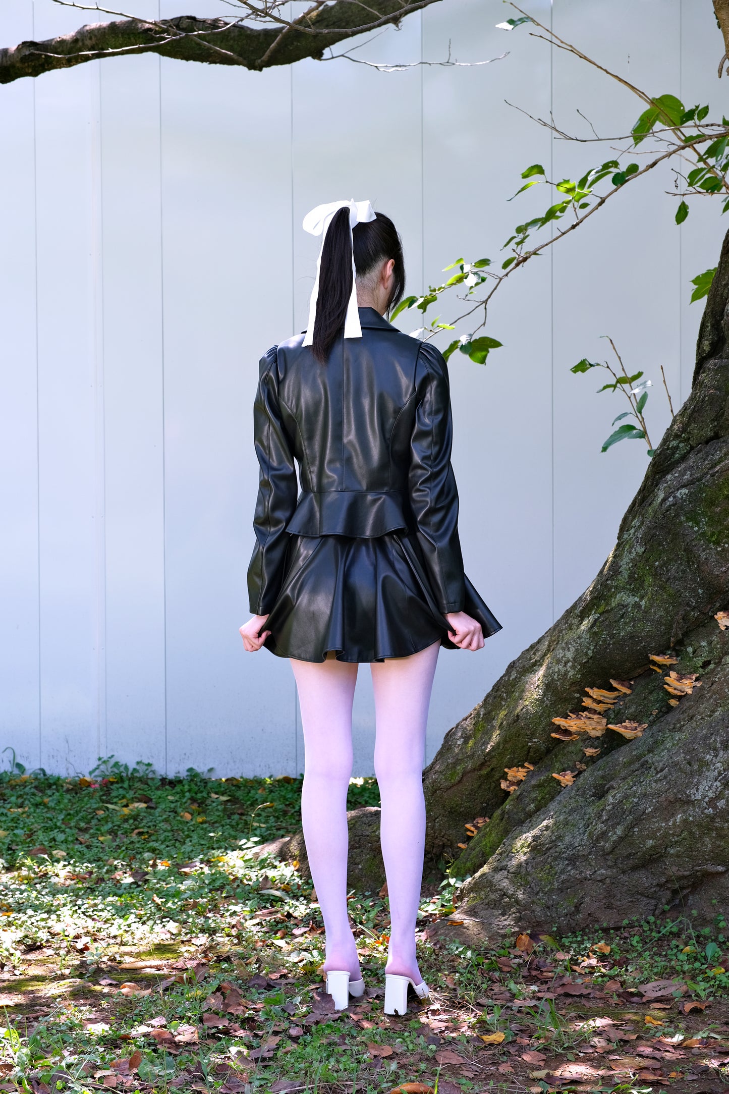 Peter-Pan Collar Peplum Jacket  faux leather【Delivery in Jun 2025】